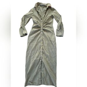 Zara Khaki Green Button Front Stretch Maxi Dress Linen Blend Size Small